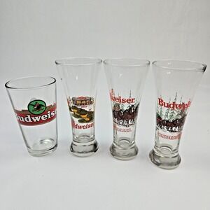 1989, 1996 Vintage Budweiser Holiday Clydesdales & Frog Pilsner Beer Glasses